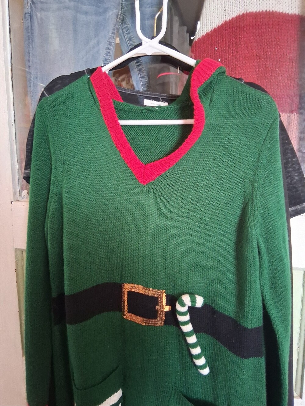 Green Holiday V-Neck Sweater with Red Trim
